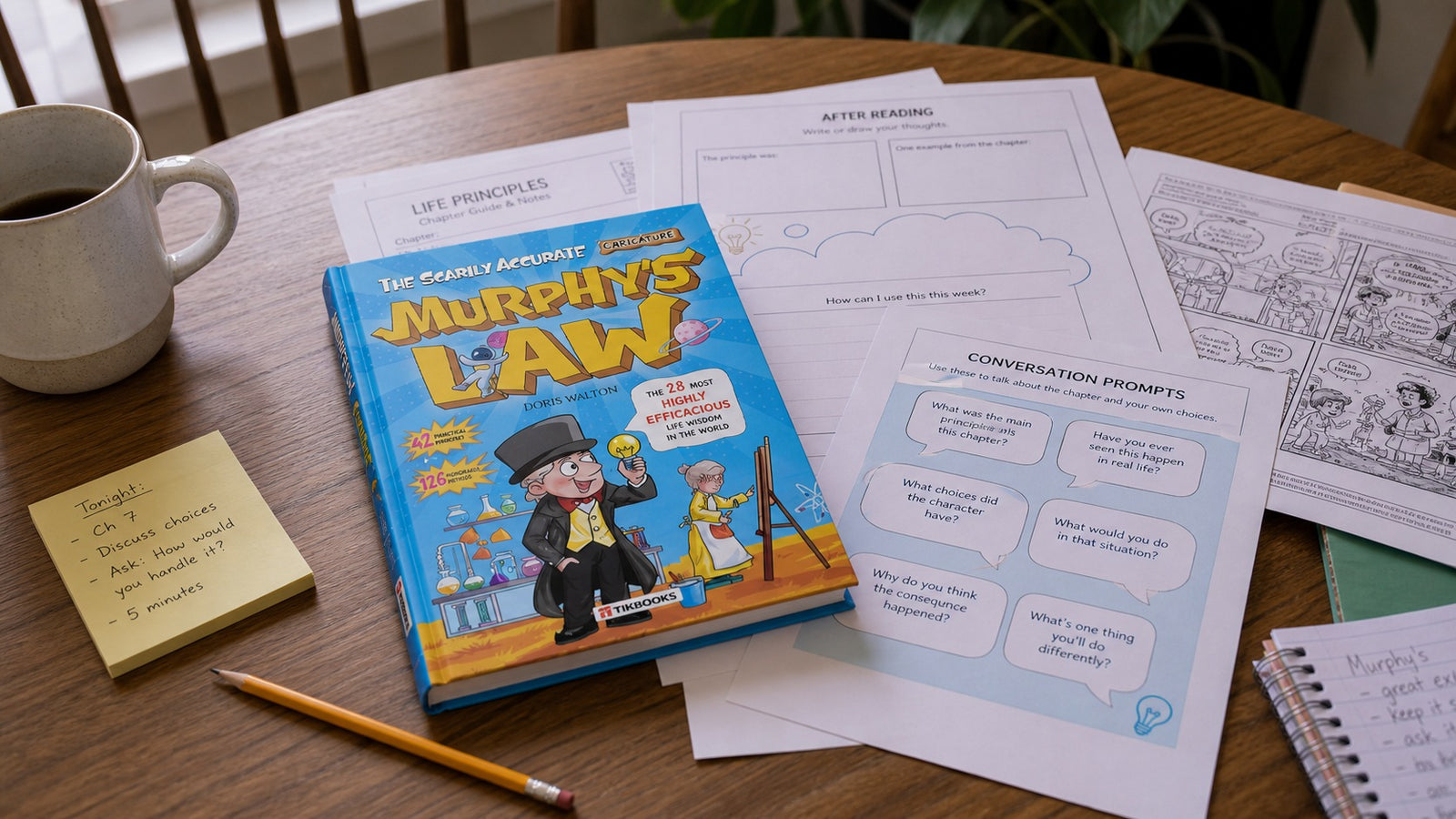 Murphy's Law hardcover with printable conversation worksheets on a dining table