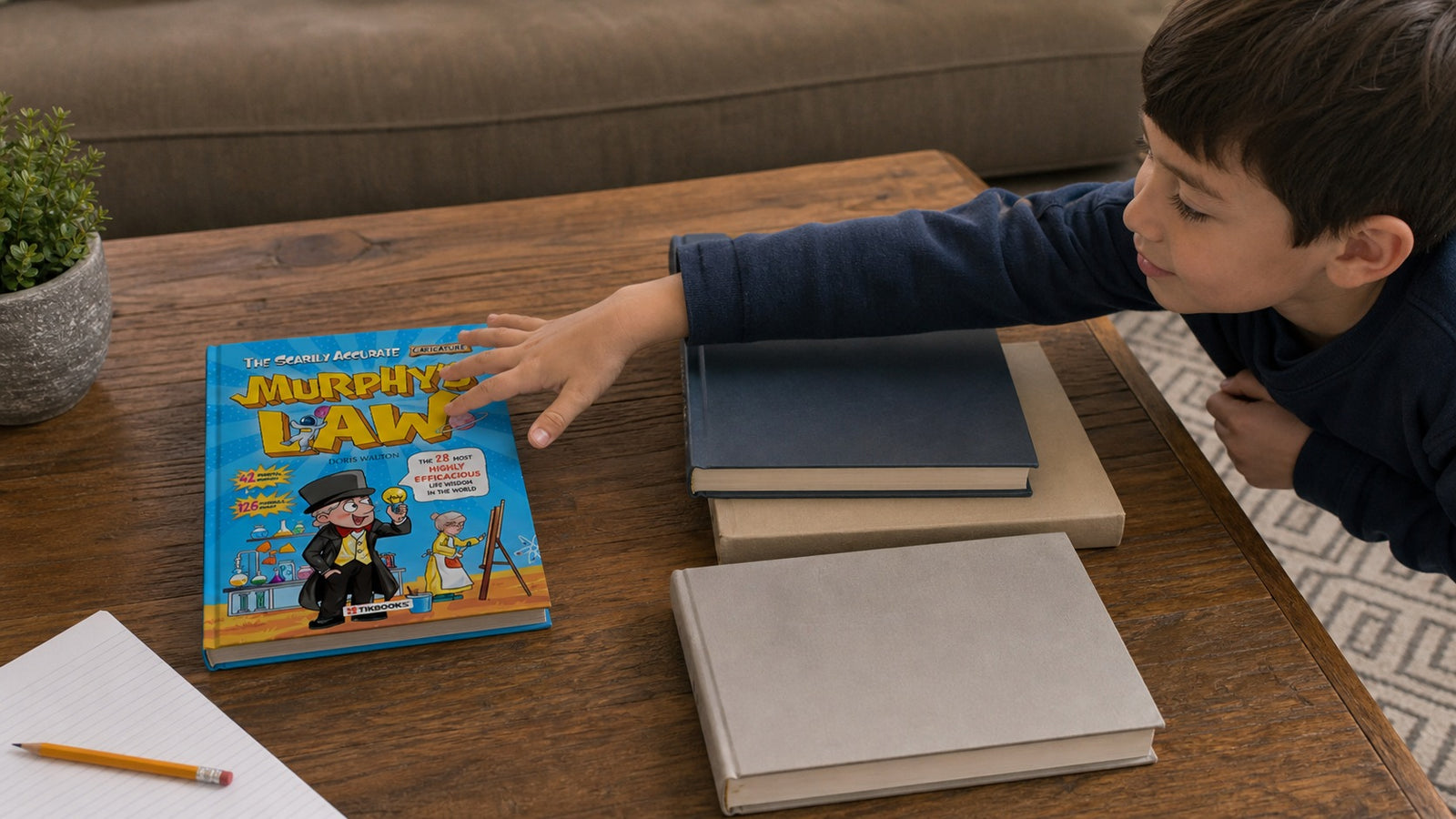 Child choosing Murphy's Law from a table with plain generic books nearby